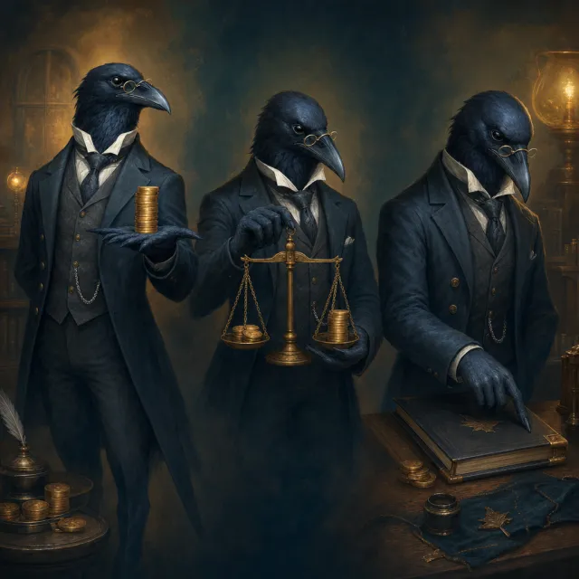 Corvus the crow, a formal banker bird with a ledger