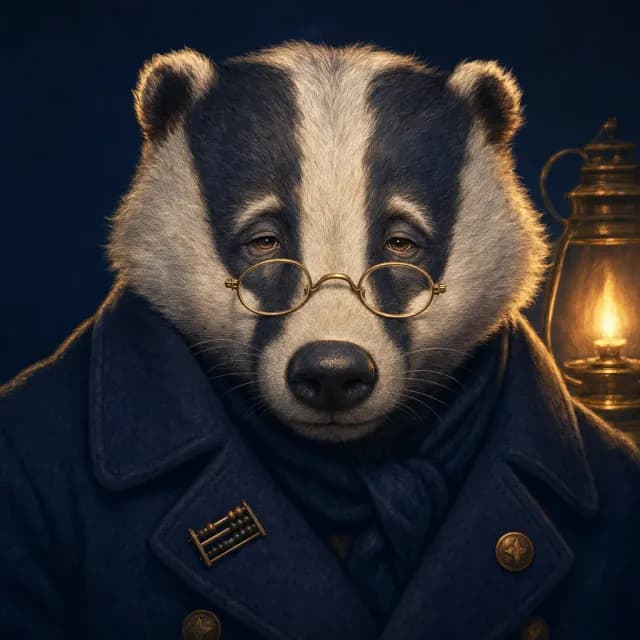 Old Fen, a bespectacled badger with a brass abacus in his workshop