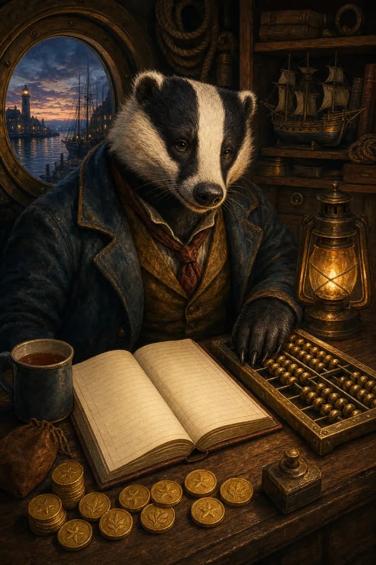 Old Fen the badger at his workshop desk, lamplight on his ledgers