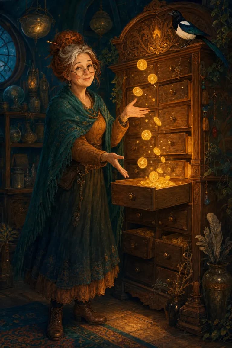 Auntie Juniper beside the glowing Cabinet of Coins in her shop