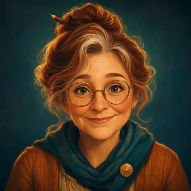 Auntie Juniper, a warm storybook-illustrated storyteller, beside the glowing cabinet