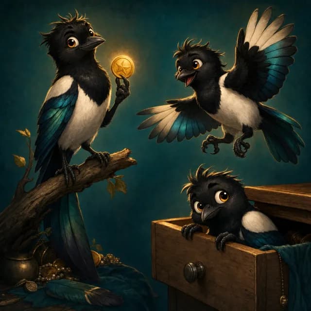Pip the magpie, a curious black-and-white bird clutching a shiny coin