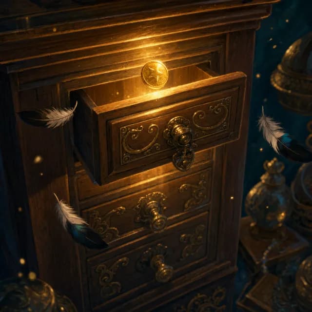 Pip the magpie dropping a glowing coin into the cabinet's top drawer