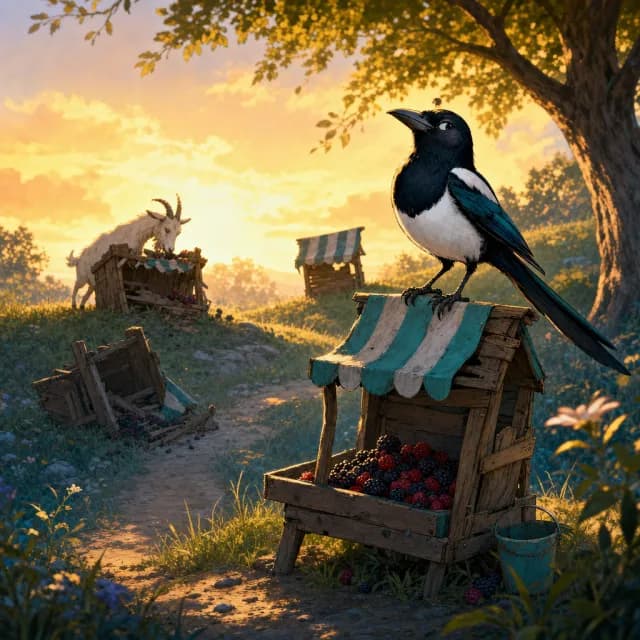 Pip proudly perched on a rebuilt little market stand at dusk