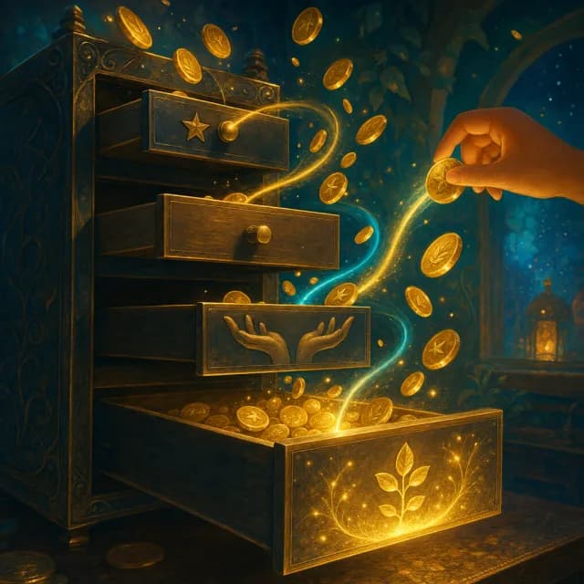 A family allowance board with four glowing drawers and chore tokens