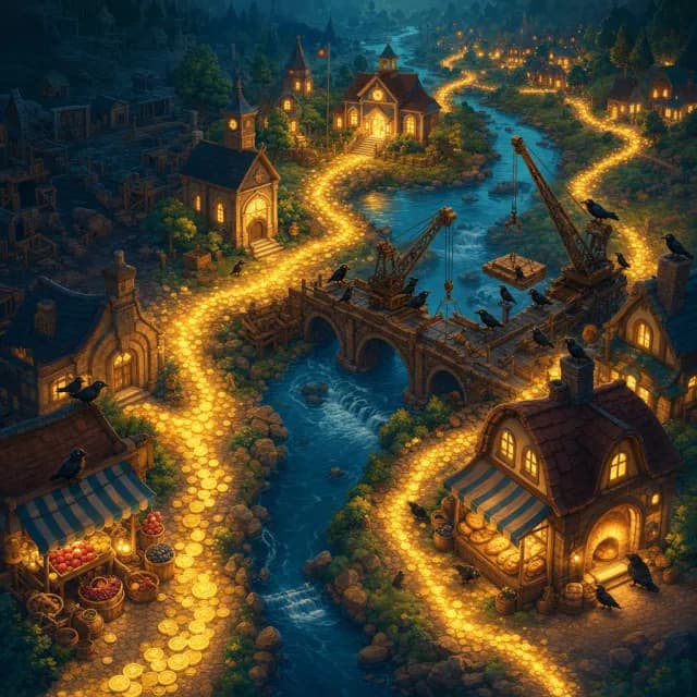 A small storybook town with a glowing town-hall cabinet at its center