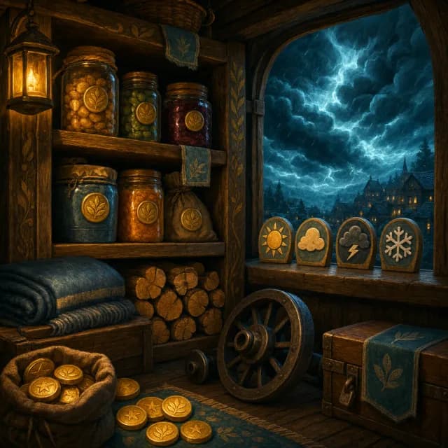 A larder being stocked before a storm gathers outside the window