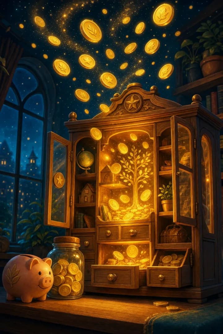 The Cabinet of Coins — a tall wooden cabinet with glowing drawers of golden practice coins