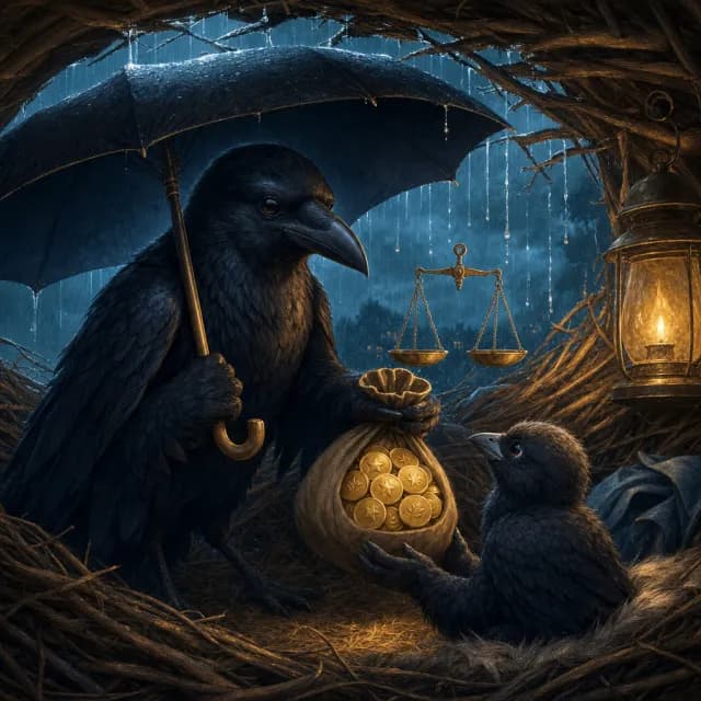 Corvus the crow lending an umbrella under gathering storm clouds