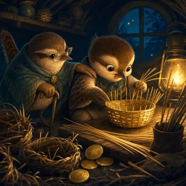A craftsman's workbench with a finely woven basket and glowing coin