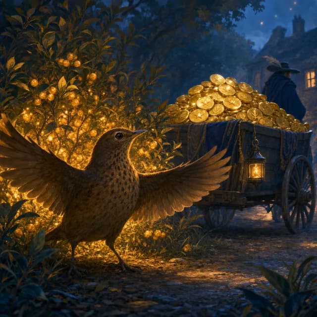 A goose beside a basket of golden eggs at a berry stand