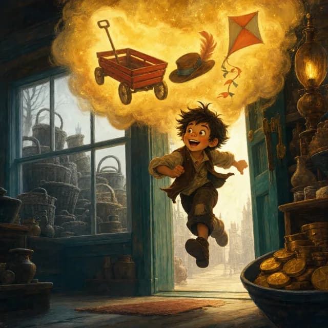 A daydreaming Pip balancing a towering basket of imagined riches