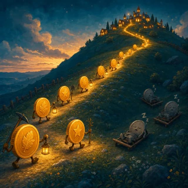 A winding path of price tags climbing a gentle hill
