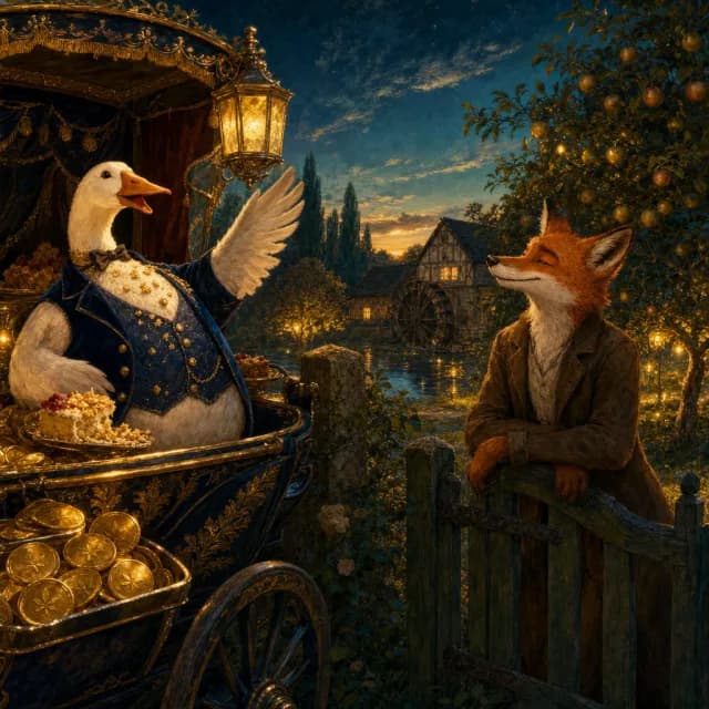 A modest fox by a tidy cottage while a flamboyant goose parades past