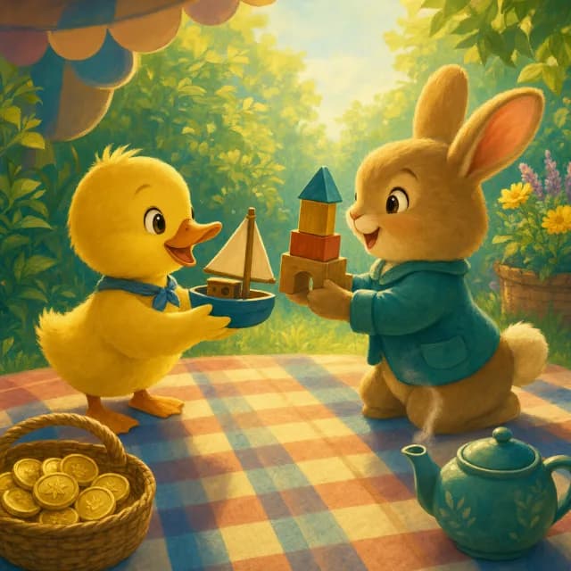 The Trading Post — young animals swapping goods at a storybook market stall