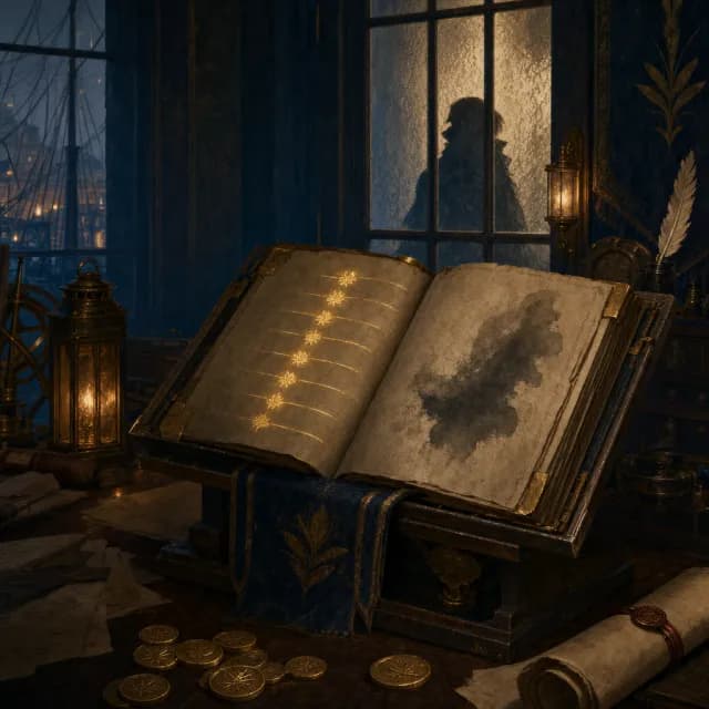 A heavy ledger open under lamplight with a crow's quill resting on it