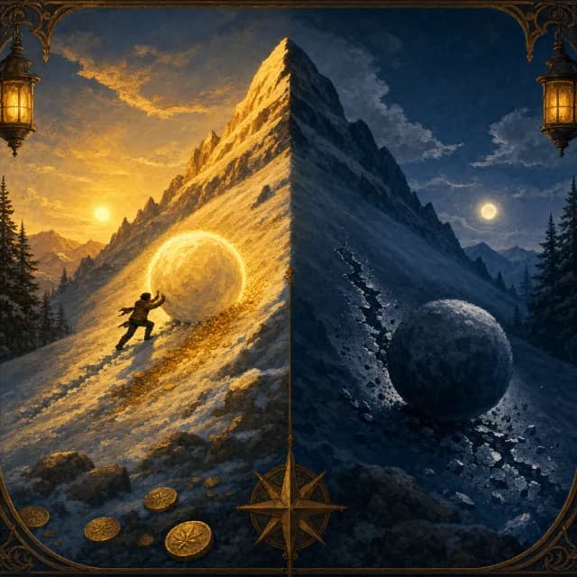 A snowball of coins rolling and growing down a mountainside